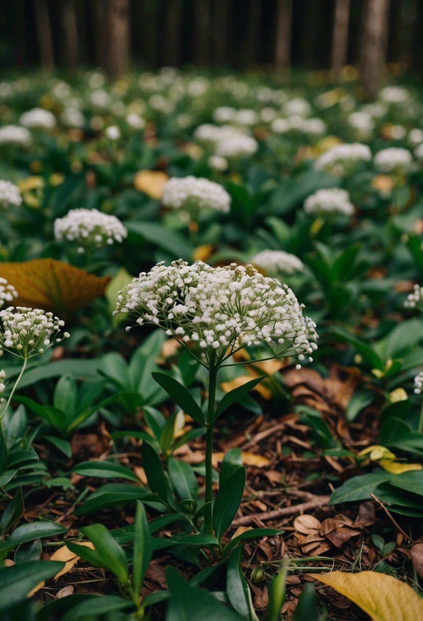 A lush forest floor scattered with delicate white Baby's Breath flowers, creating a simple and elegant wedding bouquet idea