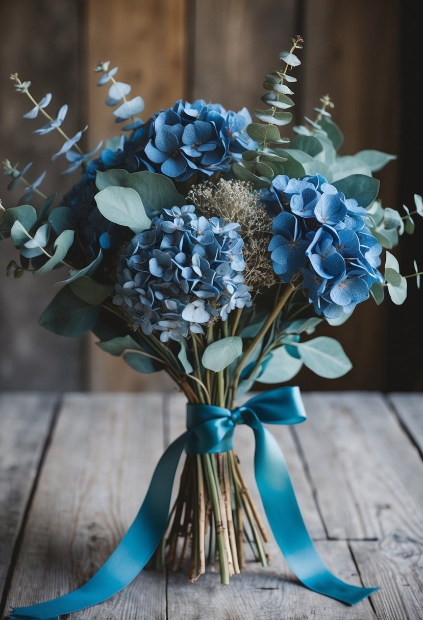 A bouquet of dried blue hydrangeas and eucalyptus, tied with a dusty blue ribbon, sits on a rustic wooden table