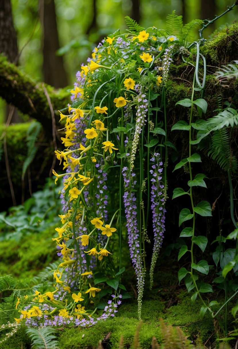 A lush cascade of unruly wildflowers spills from a mossy forest floor, entwined with delicate ferns and trailing vines