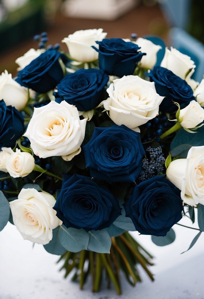 A bouquet of navy blue and white roses with dusty blue accents