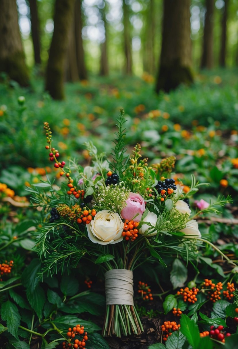 A lush forest floor scattered with vibrant berries and fragrant herbs, intertwined with delicate blooms, creates a whimsical wedding bouquet idea