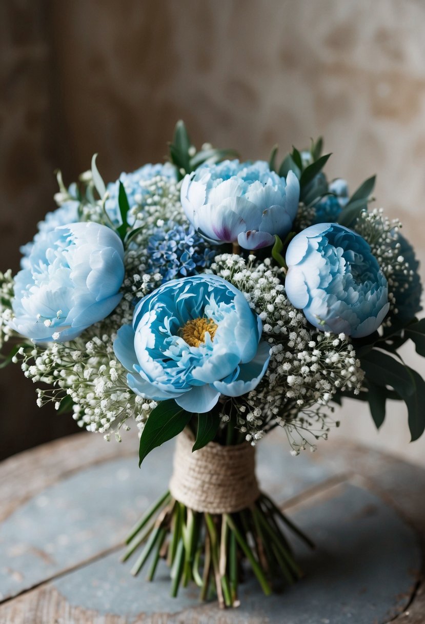 A bouquet of dusty blue peonies and baby's breath arranged in a rustic, elegant style