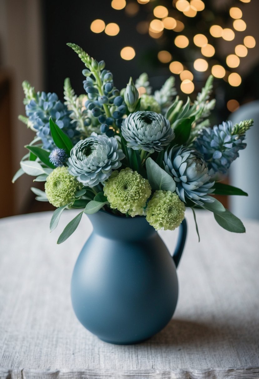 A bouquet of dusty blue and sage green flowers arranged in a slate blue vase