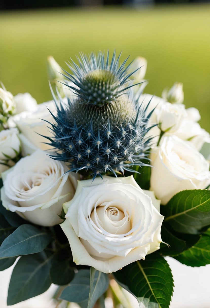 A dusty blue thistle surrounded by classic white roses in a wedding bouquet