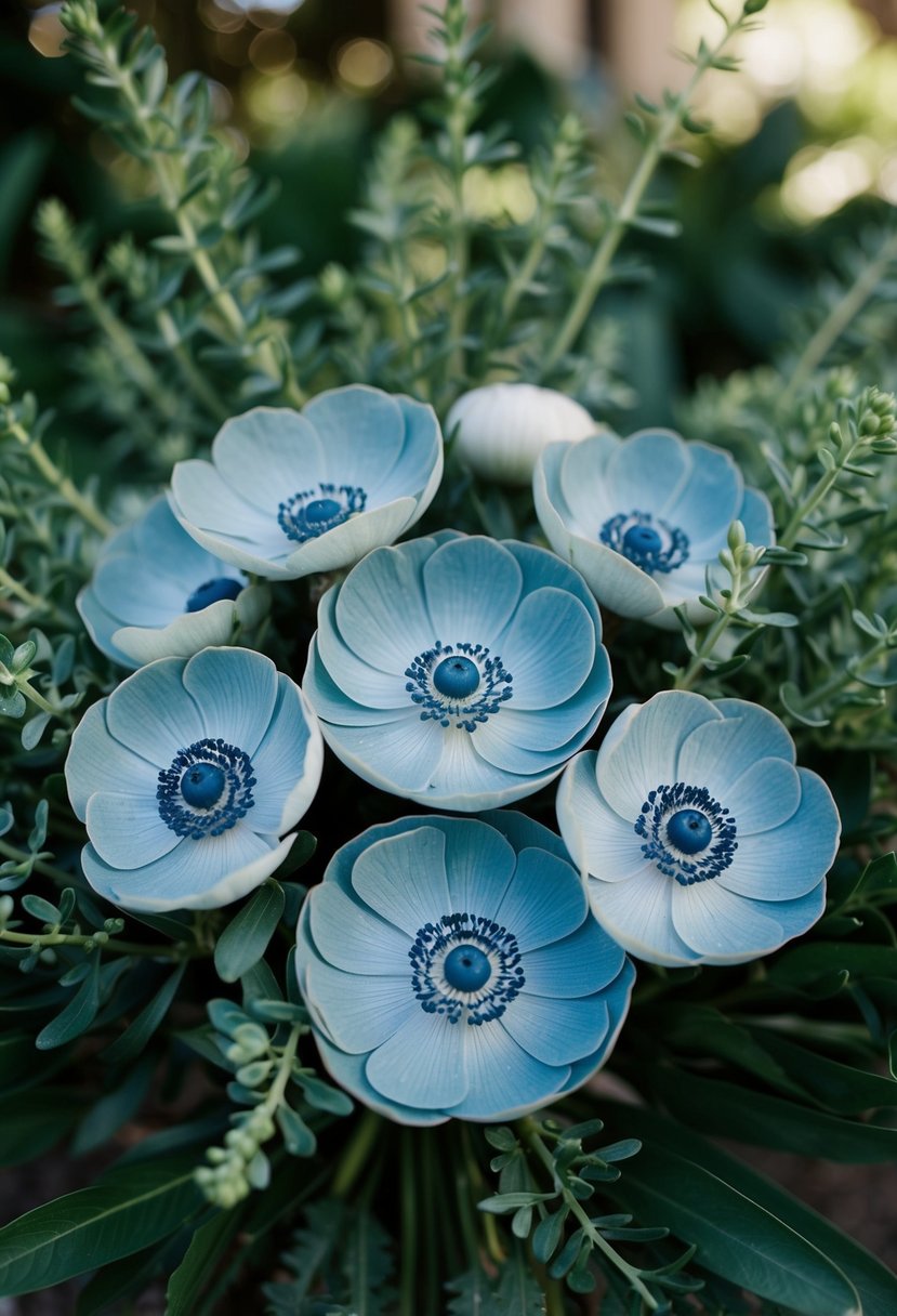 A bouquet of dusty blue anemones surrounded by lush greenery