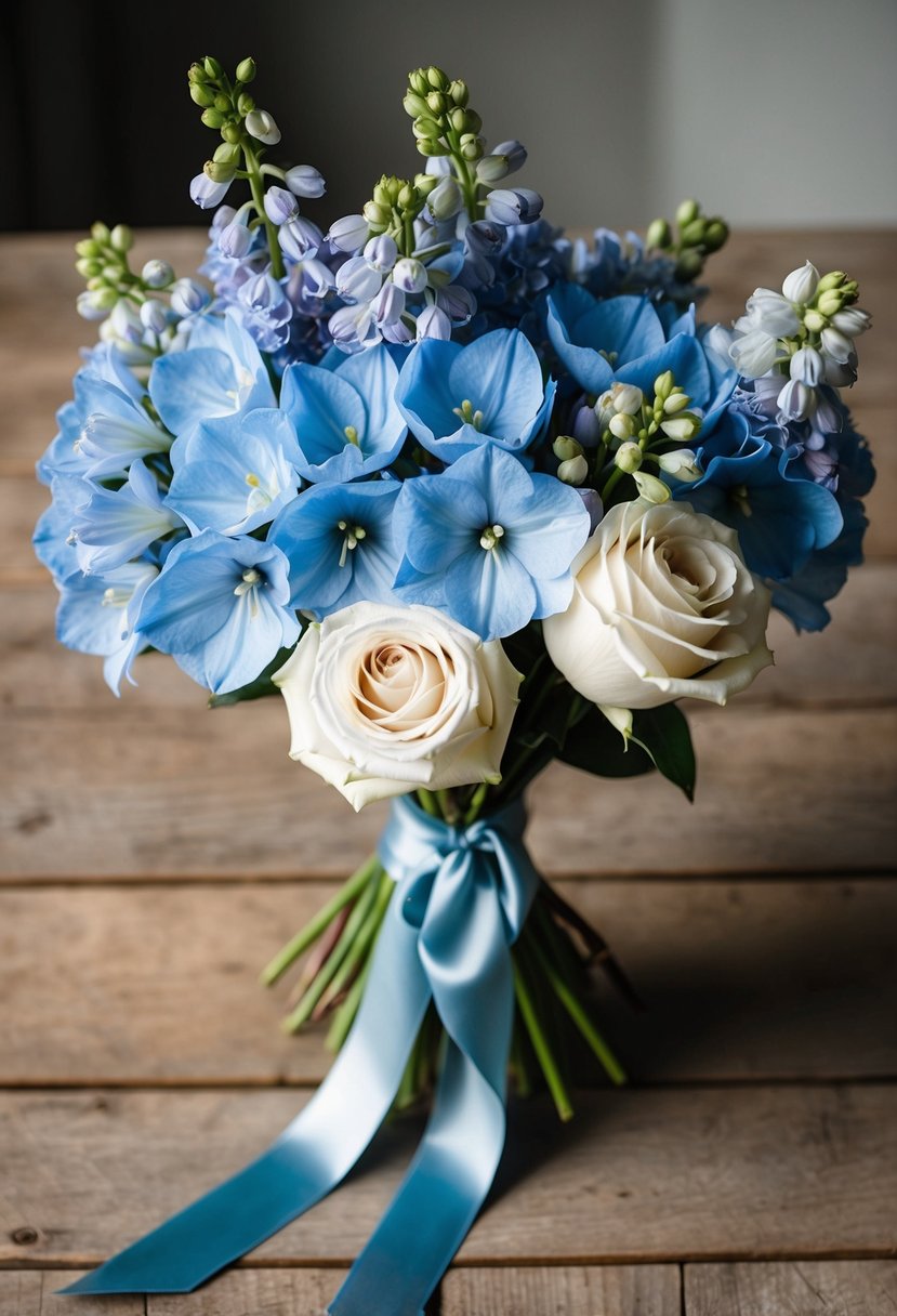 A delicate bouquet of light blue delphiniums and ivory roses, tied with dusty blue ribbon, sits on a rustic wooden table