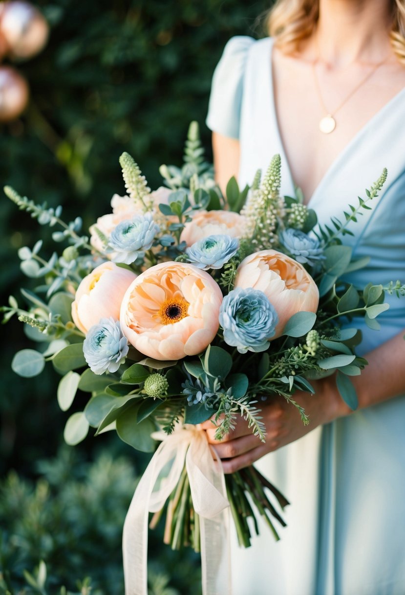 A bouquet of peach and dusty blue flowers arranged in a mix of greenery, tied with a delicate ribbon