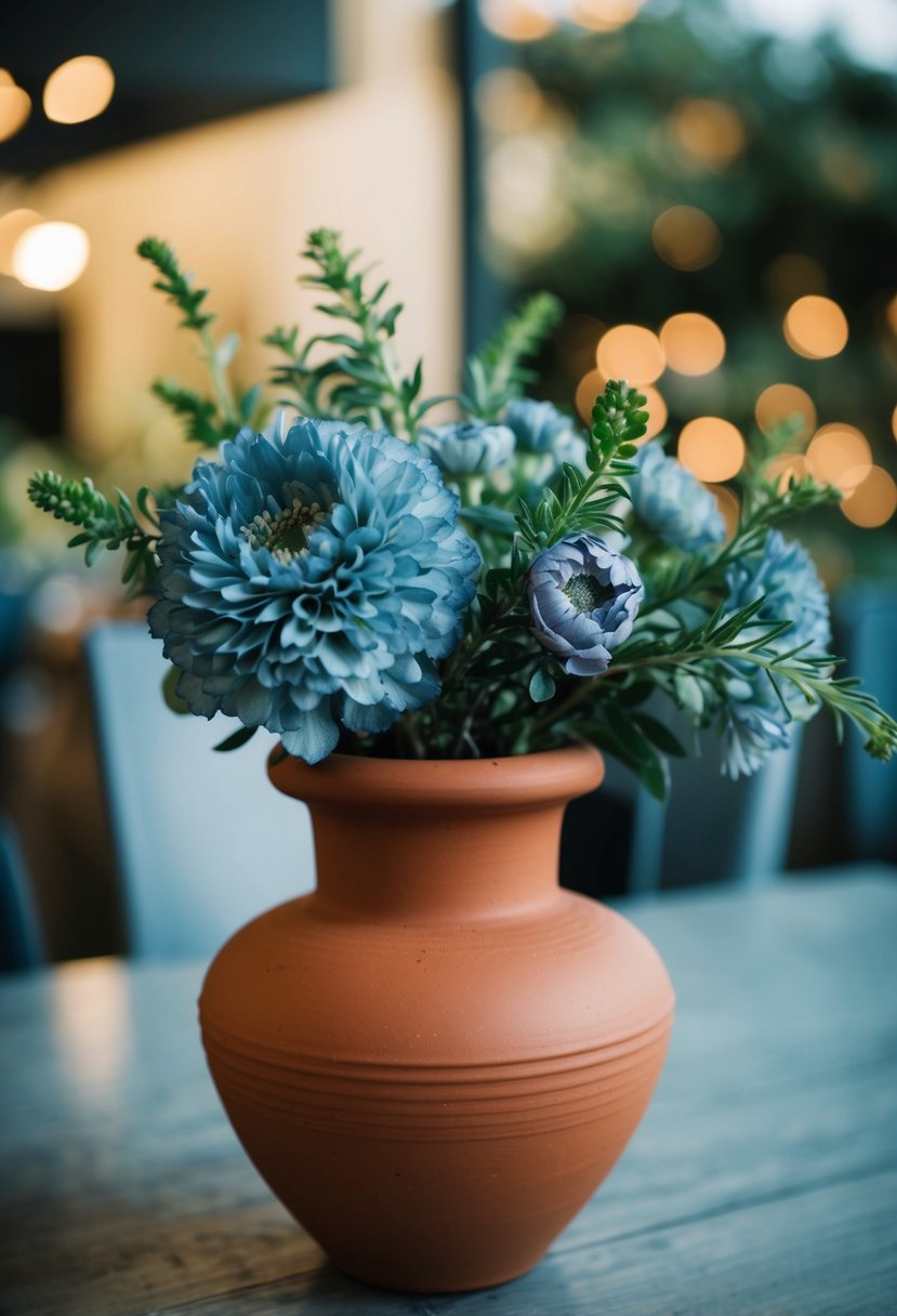 A terracotta vase filled with dusty blue blooms and greenery