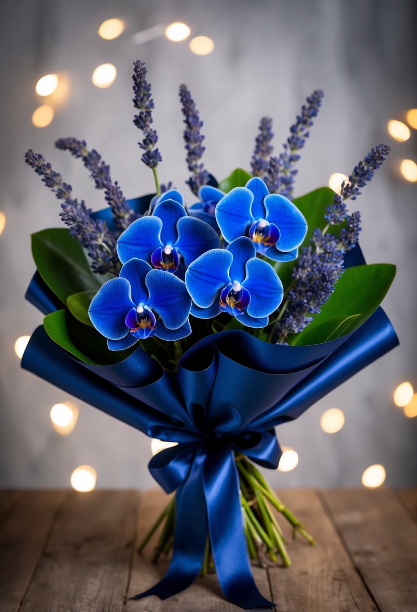 A bouquet of navy blue orchids and dusty blue lavender, wrapped in silk ribbon