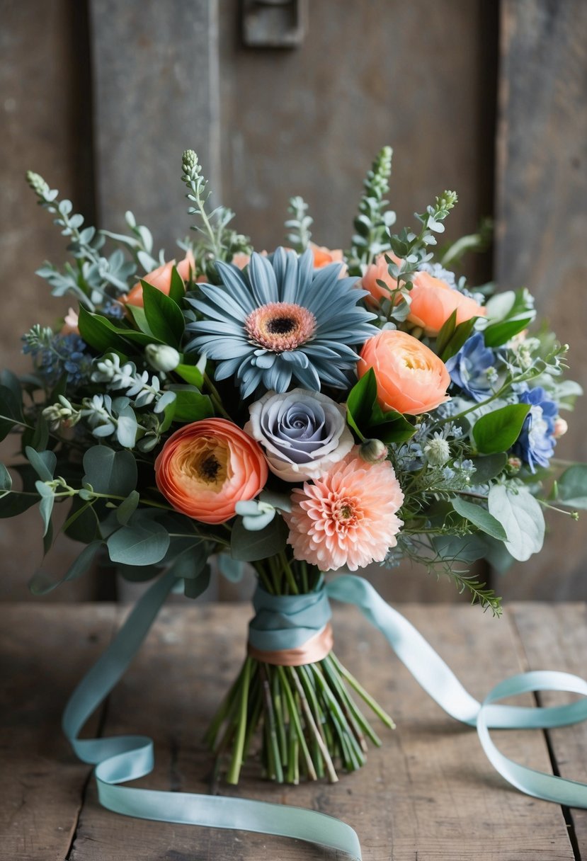 A dusty blue and coral flower bouquet arranged in a rustic, vintage-inspired setting with greenery and delicate ribbons