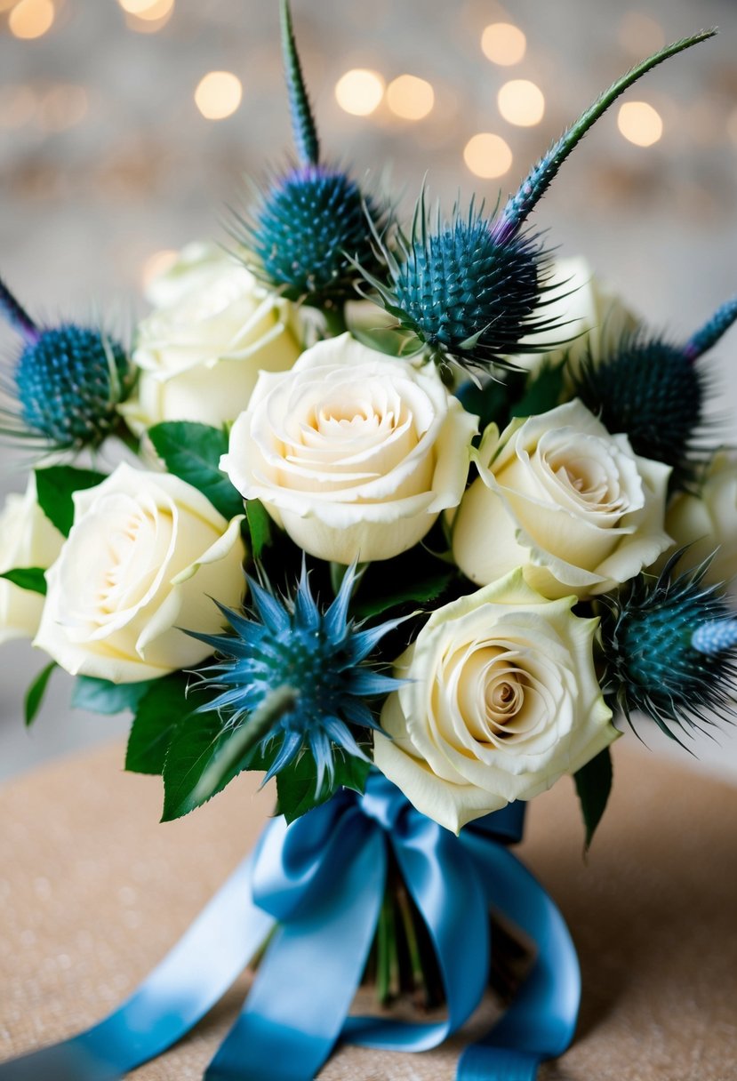 A bouquet of creamy white roses and blue thistle arranged in a dusty blue ribbon