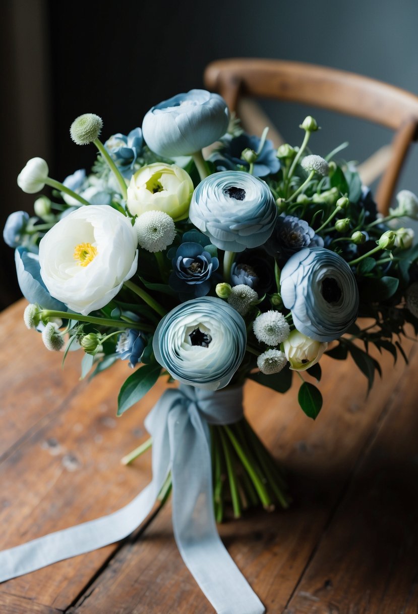 A lush bouquet of dusty blue ranunculus and wax flowers, tied with a delicate ribbon, sits on a rustic wooden table