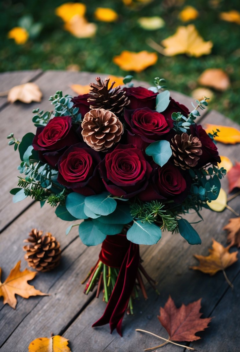 A rustic bouquet of deep red roses, eucalyptus, and pinecones, tied with a velvet ribbon, sits on a wooden table amidst scattered autumn leaves