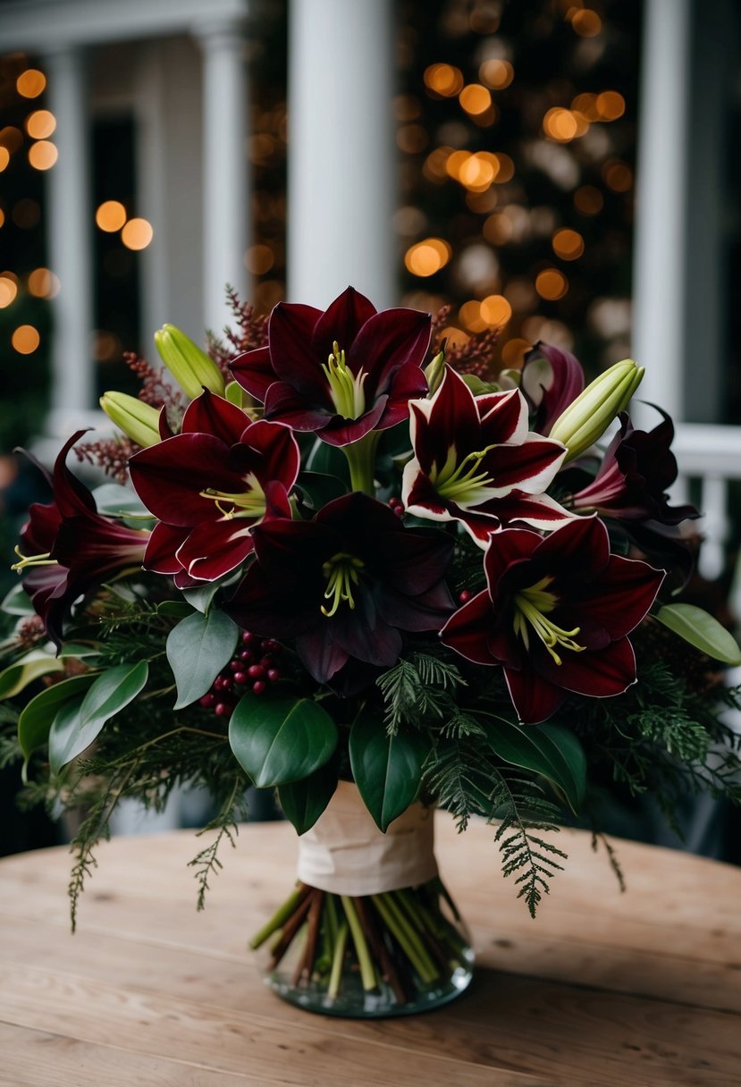 Amaryllis, deep red and burgundy, mixed with seasonal foliage in a lush, elegant November wedding bouquet