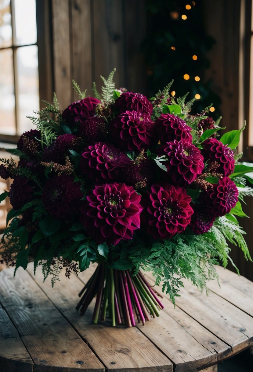 A lush bouquet of deep burgundy dahlias, accented with rich green foliage, sits atop a rustic wooden table, bathed in soft November light