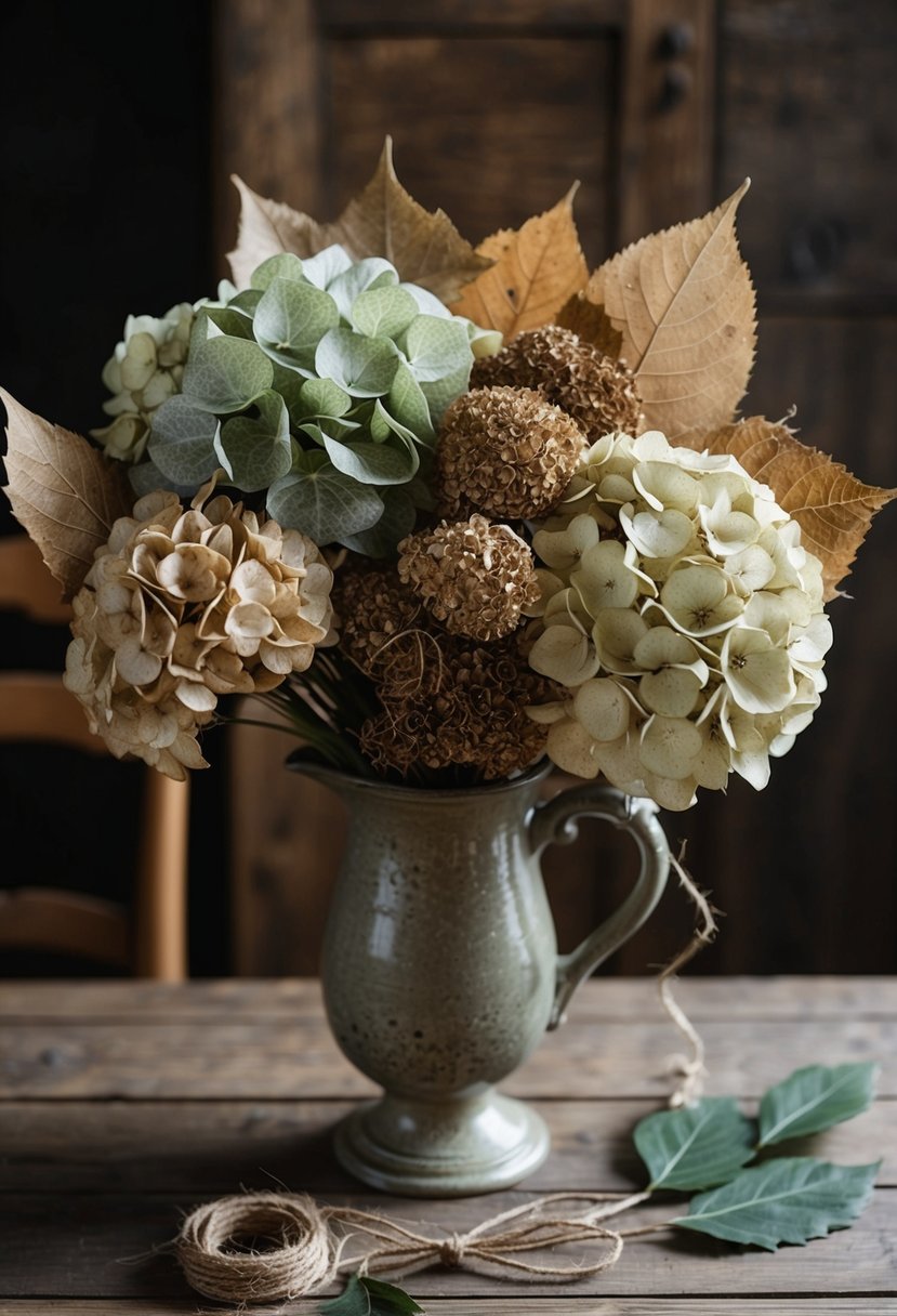 A rustic bouquet of antique hydrangeas, dried leaves, and twine, arranged in a vintage vase on a wooden table