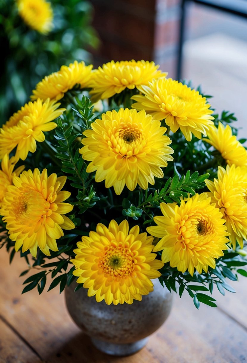 A vibrant bouquet of golden yellow chrysanthemums, accented with green foliage, arranged in a rustic vase