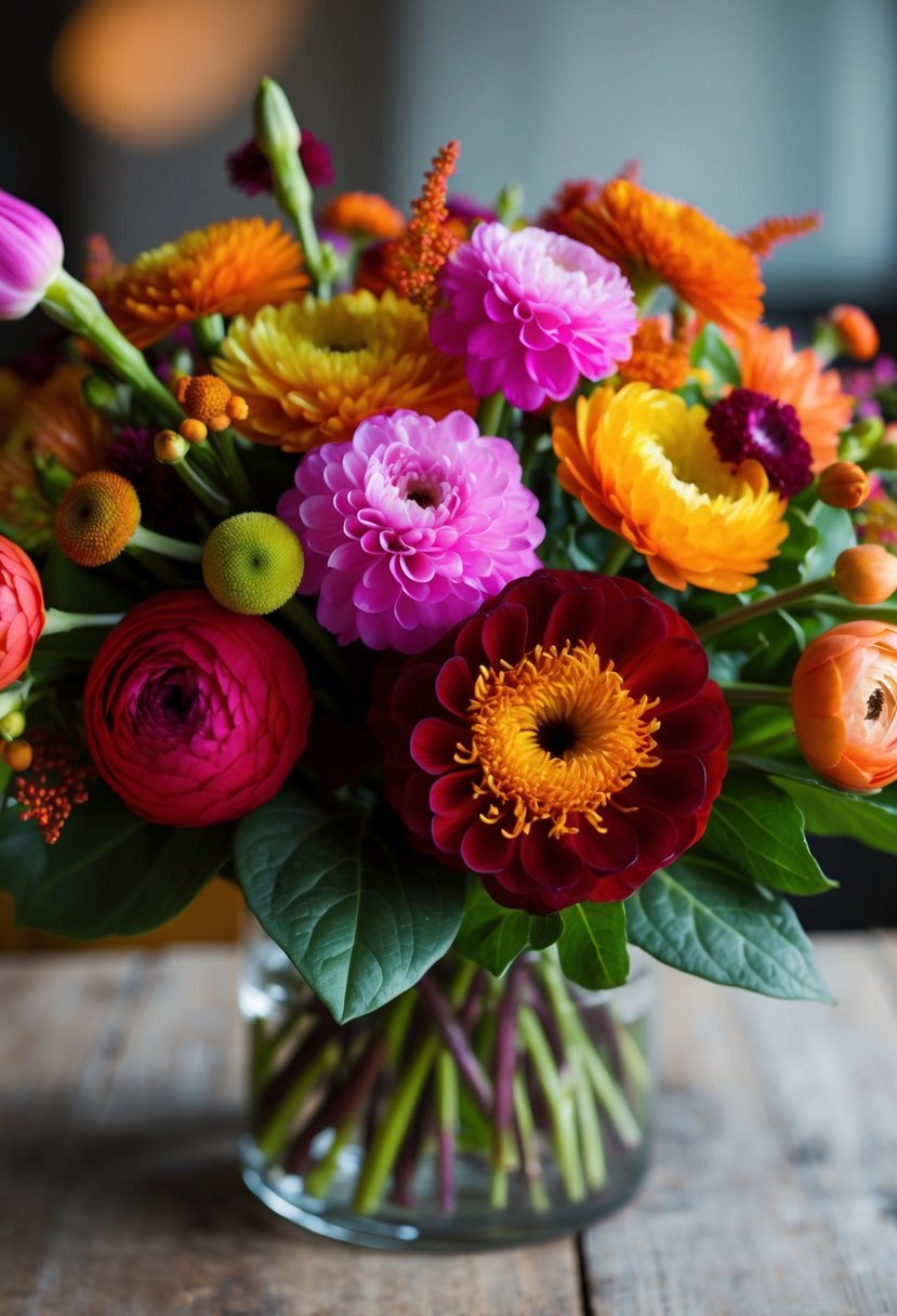 A vibrant bouquet of lisianthus and ranunculus in rich autumn hues