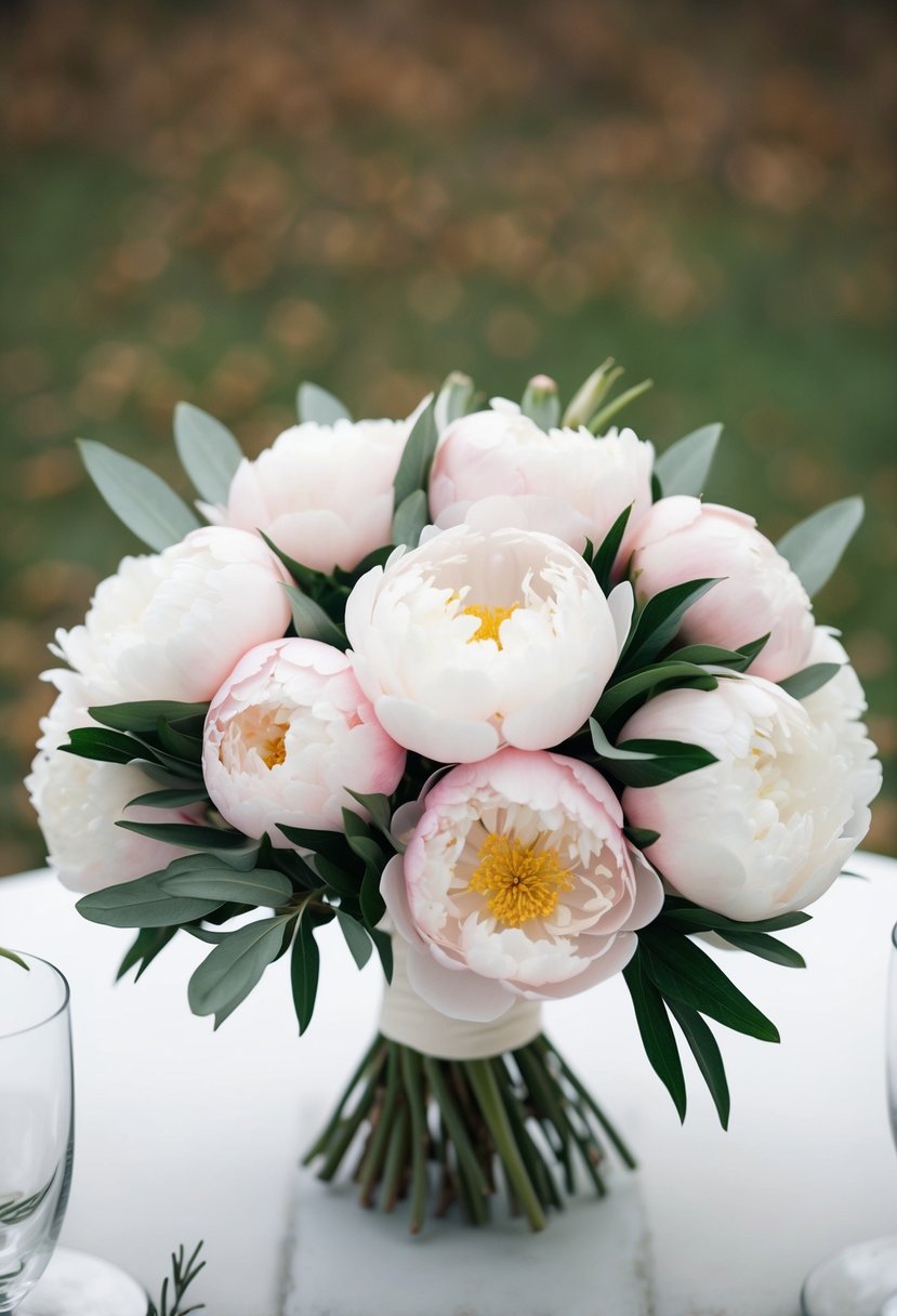 A delicate bouquet of soft-colored peonies arranged in a November wedding setting