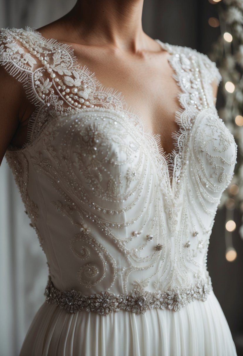 A flowing lace neckline cascades down a fitted bodice, adorned with delicate beading and intricate embroidery