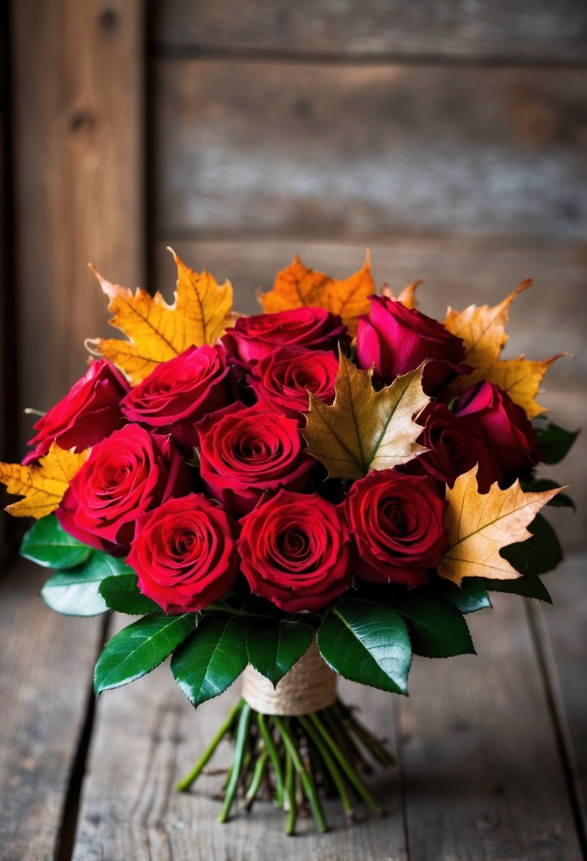 A bouquet of red roses and autumn leaves arranged in a rustic, elegant style