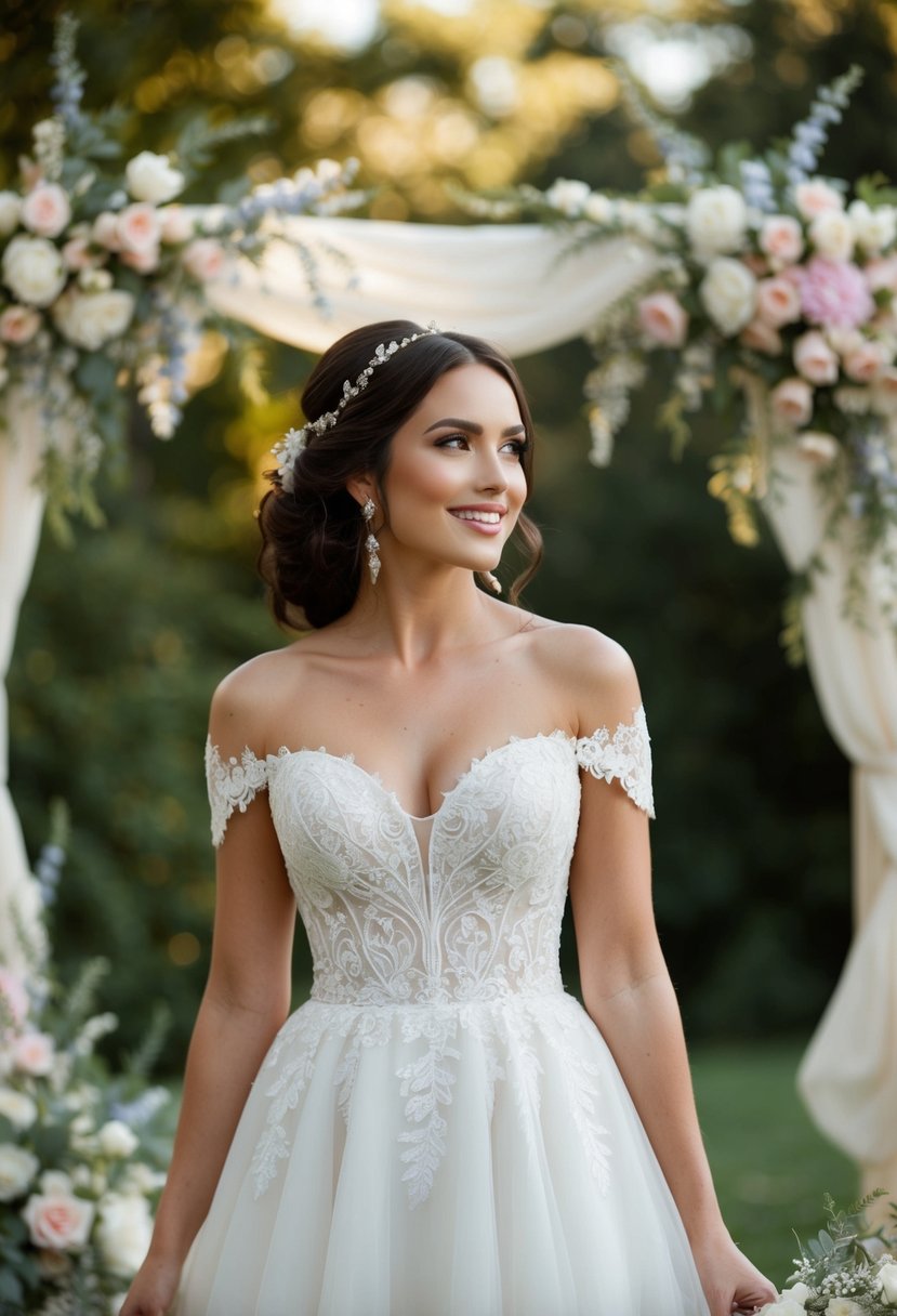 A bride standing in a sweetheart neckline wedding dress, surrounded by delicate lace and floral details