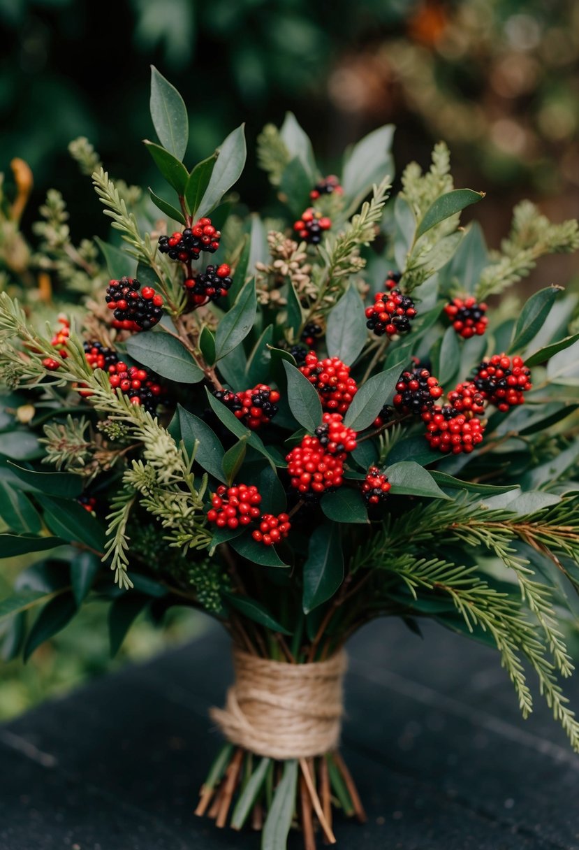 A rustic bouquet of privet berries, with hints of greenery and other textured elements, arranged in a natural, organic style