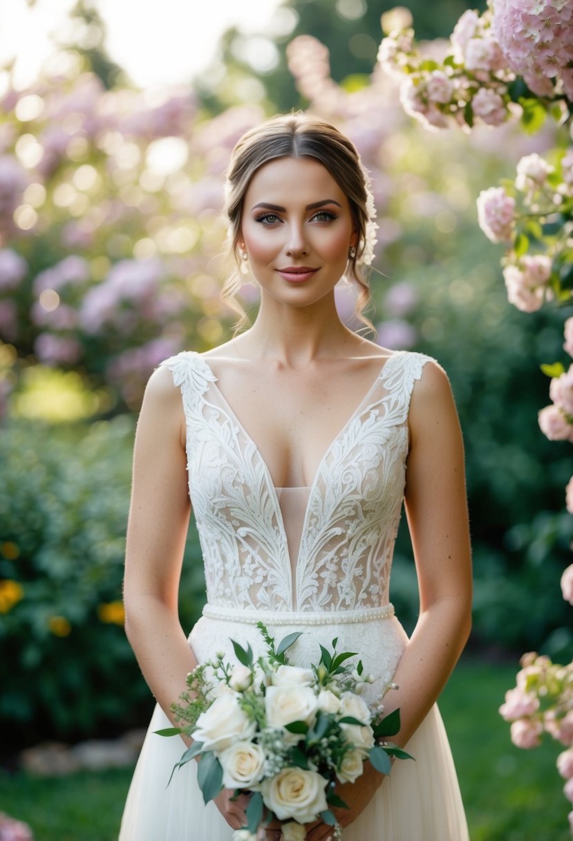 A bride in a V-neckline wedding dress standing in a garden with blooming flowers and a soft, romantic atmosphere