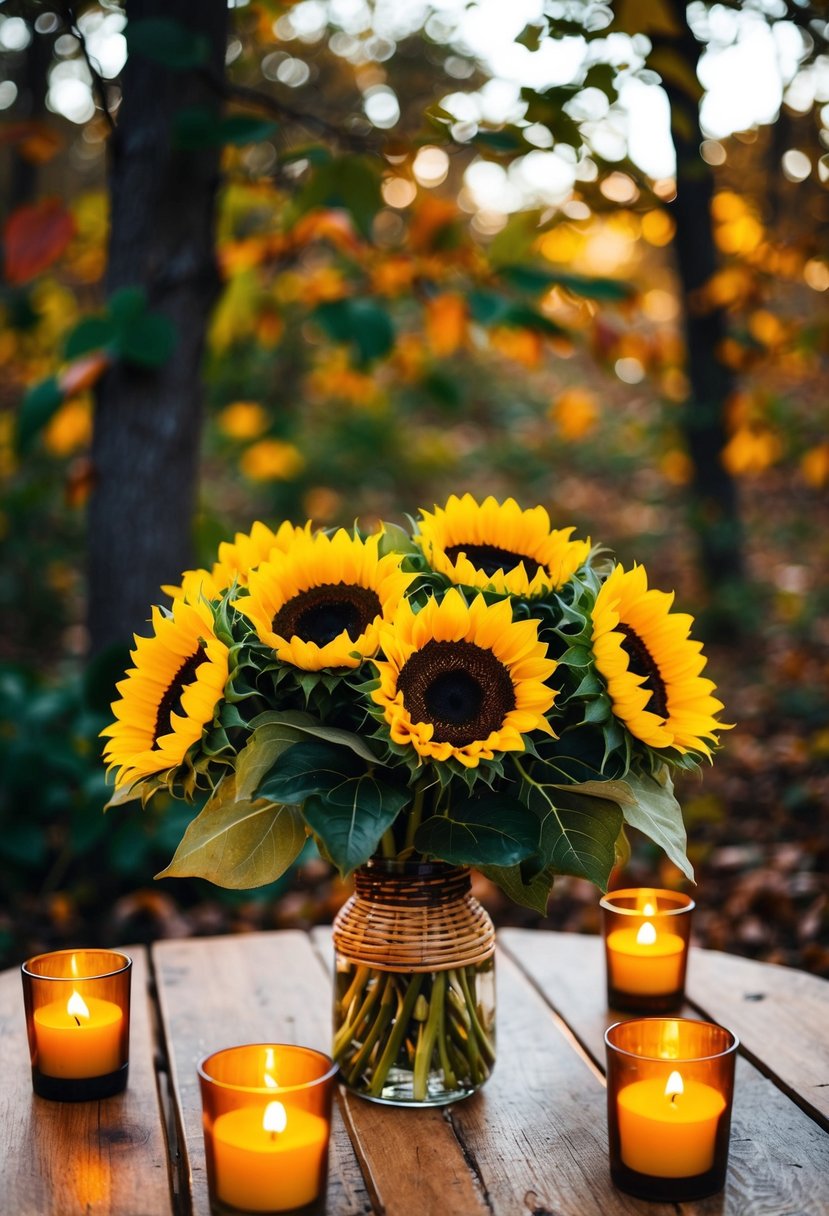 A wooden table adorned with sunflower bouquets, surrounded by autumn foliage and warm candlelight