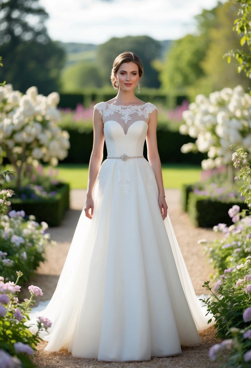 A bride in a bateau neckline wedding dress stands in a garden, surrounded by blooming flowers and a serene landscape