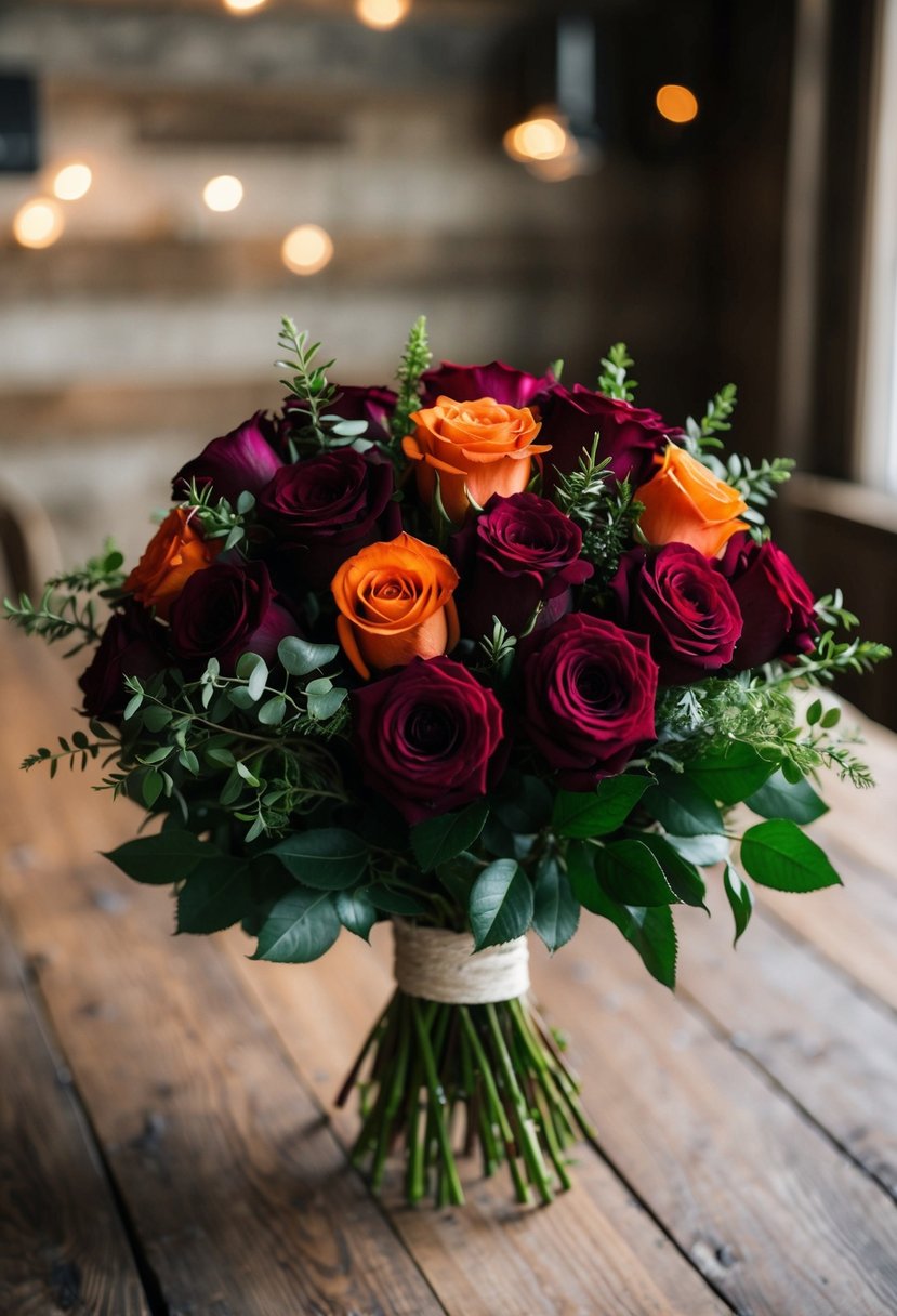 A lush bouquet of burgundy and orange roses, accented with greenery, sits on a rustic wooden table