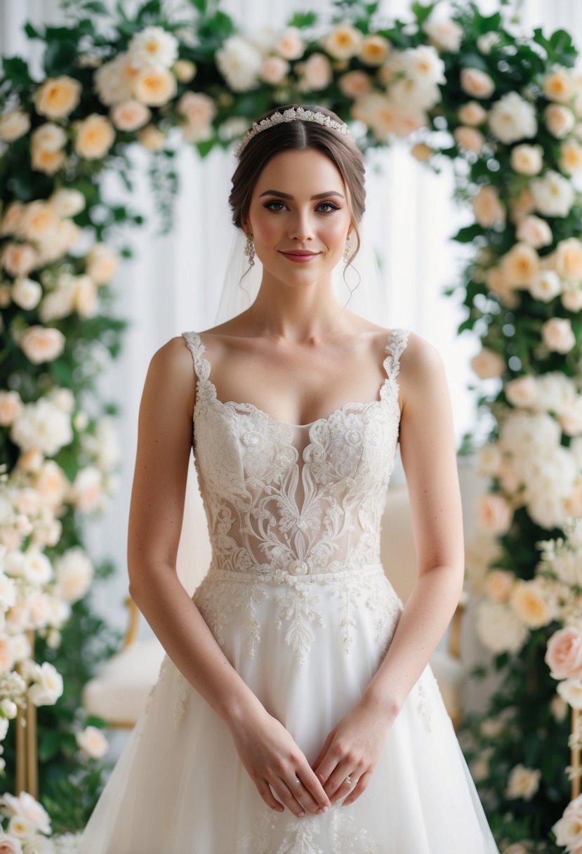 A bride stands in a square neckline wedding dress, surrounded by flowers and elegant decor