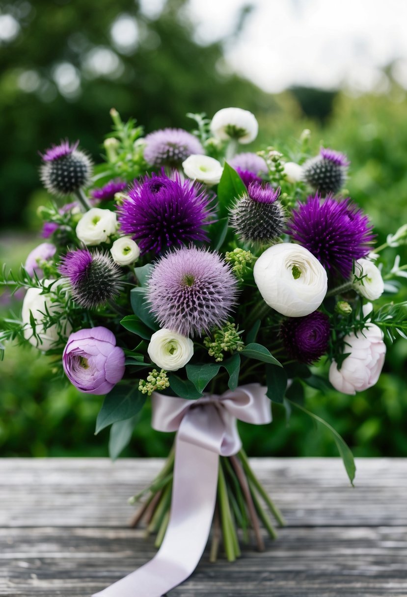 A lush bouquet of thistles and ranunculus in shades of purple and white, accented with greenery and tied with a satin ribbon