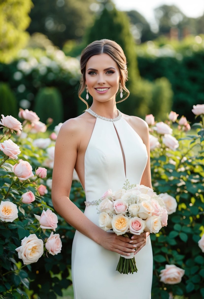 A bride stands in a halter neckline wedding dress, surrounded by blooming roses in a garden