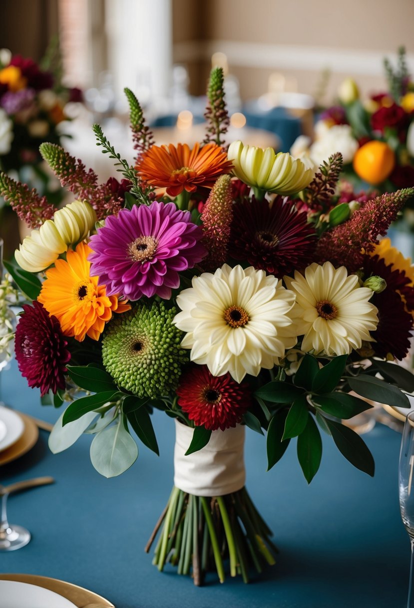 A vibrant bouquet of Campanula flowers in various shades of rich November colors, arranged in a beautiful and elegant wedding setting