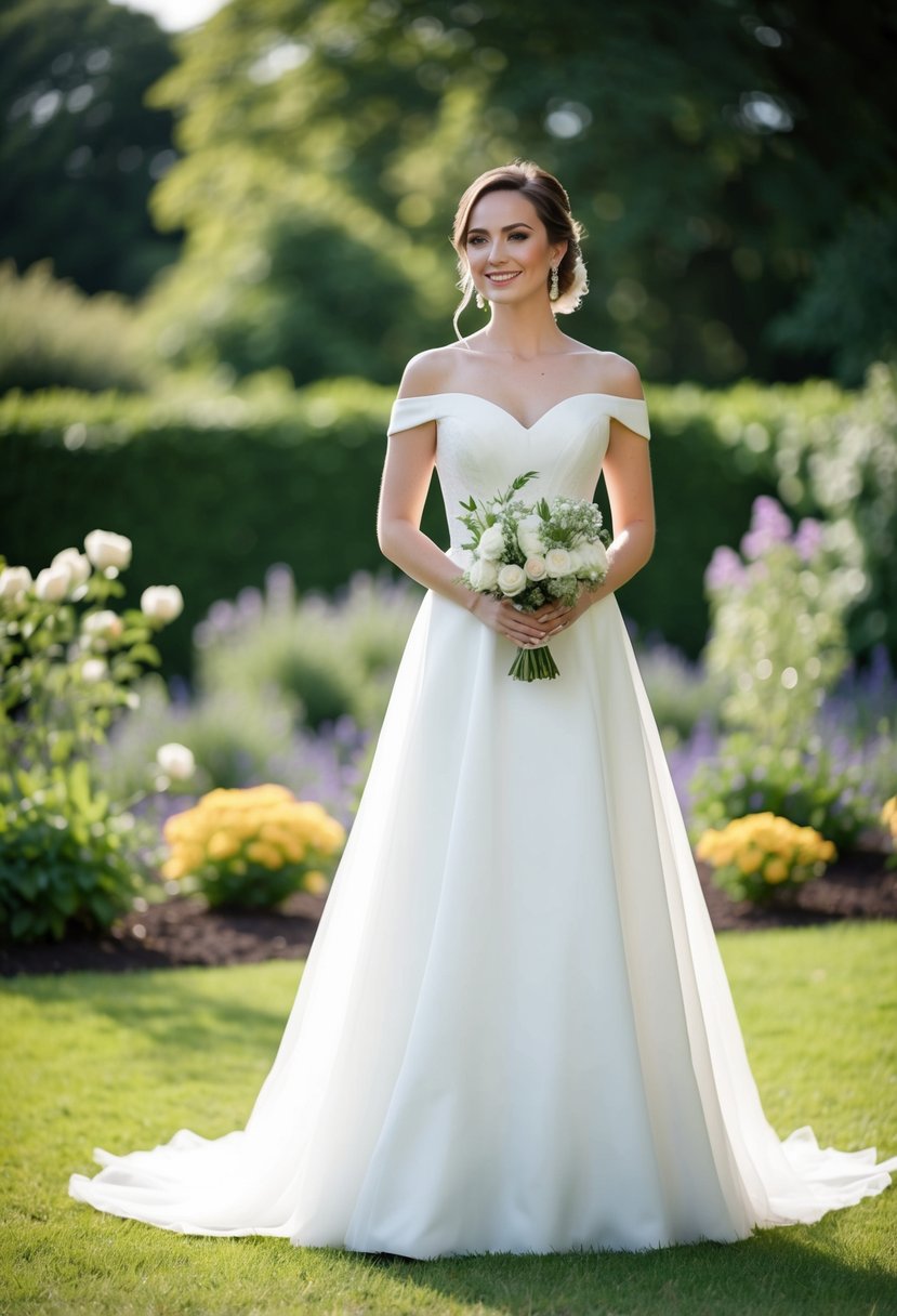 A bride standing in a garden wearing an off-the-shoulder neckline wedding dress, with flowers and greenery in the background