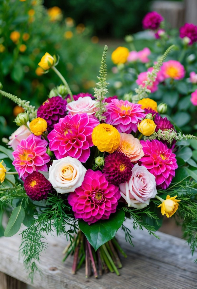 A vibrant garden-style bouquet featuring dahlias, roses, and greenery, arranged in a loose and natural manner