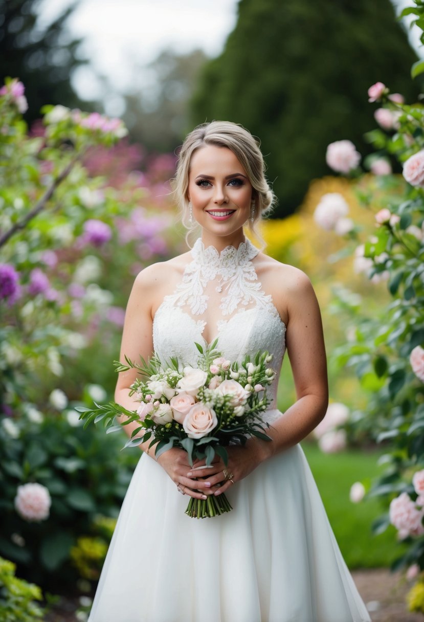 A bride wearing a high neckline wedding dress, standing in a garden surrounded by blooming flowers and greenery