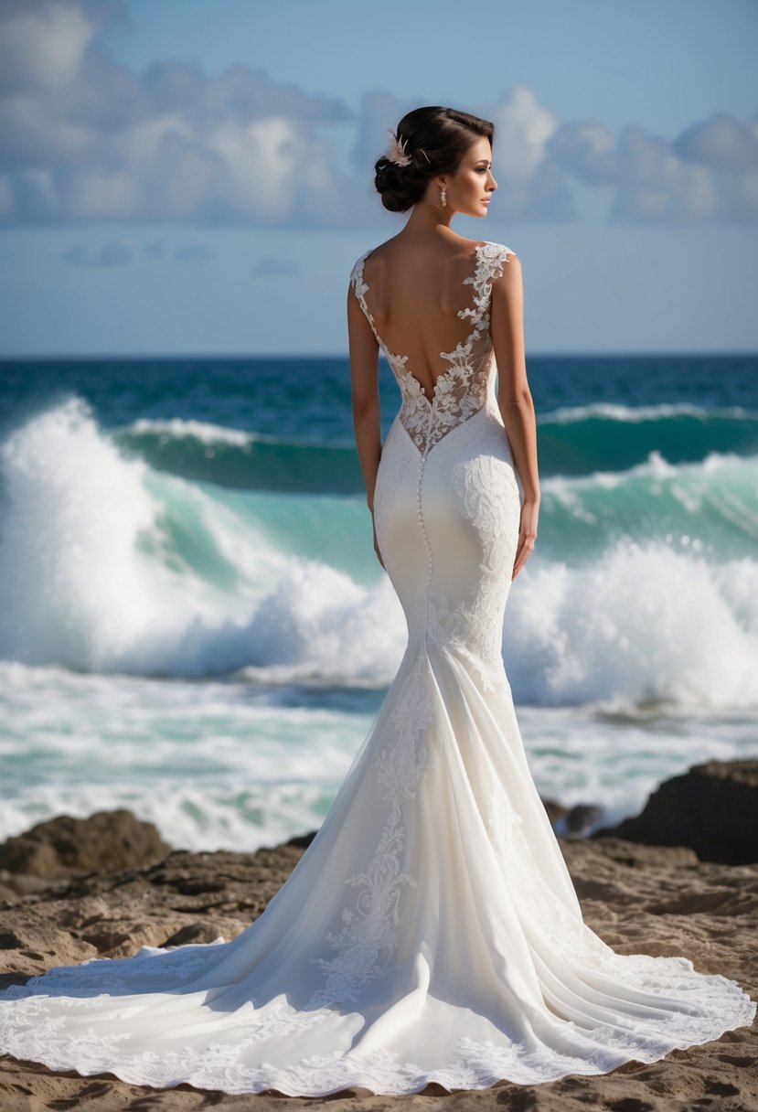 A mermaid wedding dress with intricate lace details cascading down the flowing train, set against a backdrop of crashing ocean waves