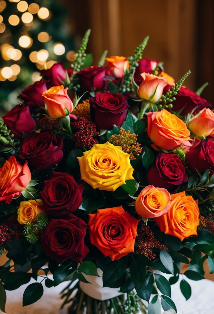 A lush bouquet of spray roses in deep reds, oranges, and yellows, accented with rich green foliage, evokes the warm and romantic atmosphere of a November wedding