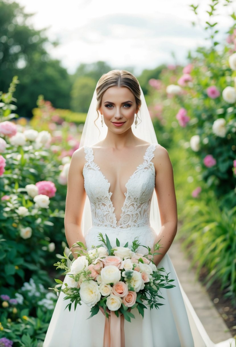 A bride standing in a plunging neckline wedding dress, surrounded by blooming flowers and lush greenery