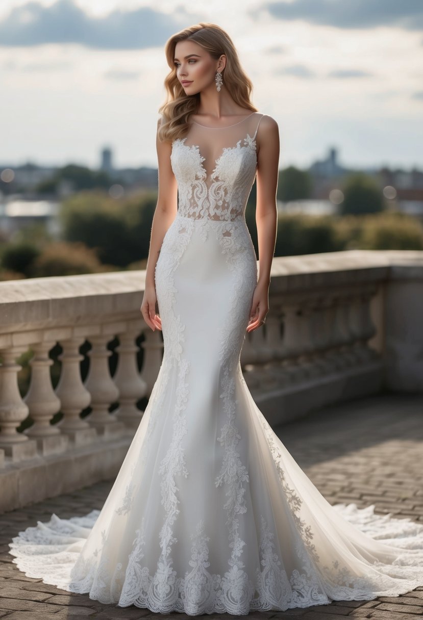 An elegant lace mermaid wedding dress adorned with intricate lace appliqué cascading down the fitted silhouette