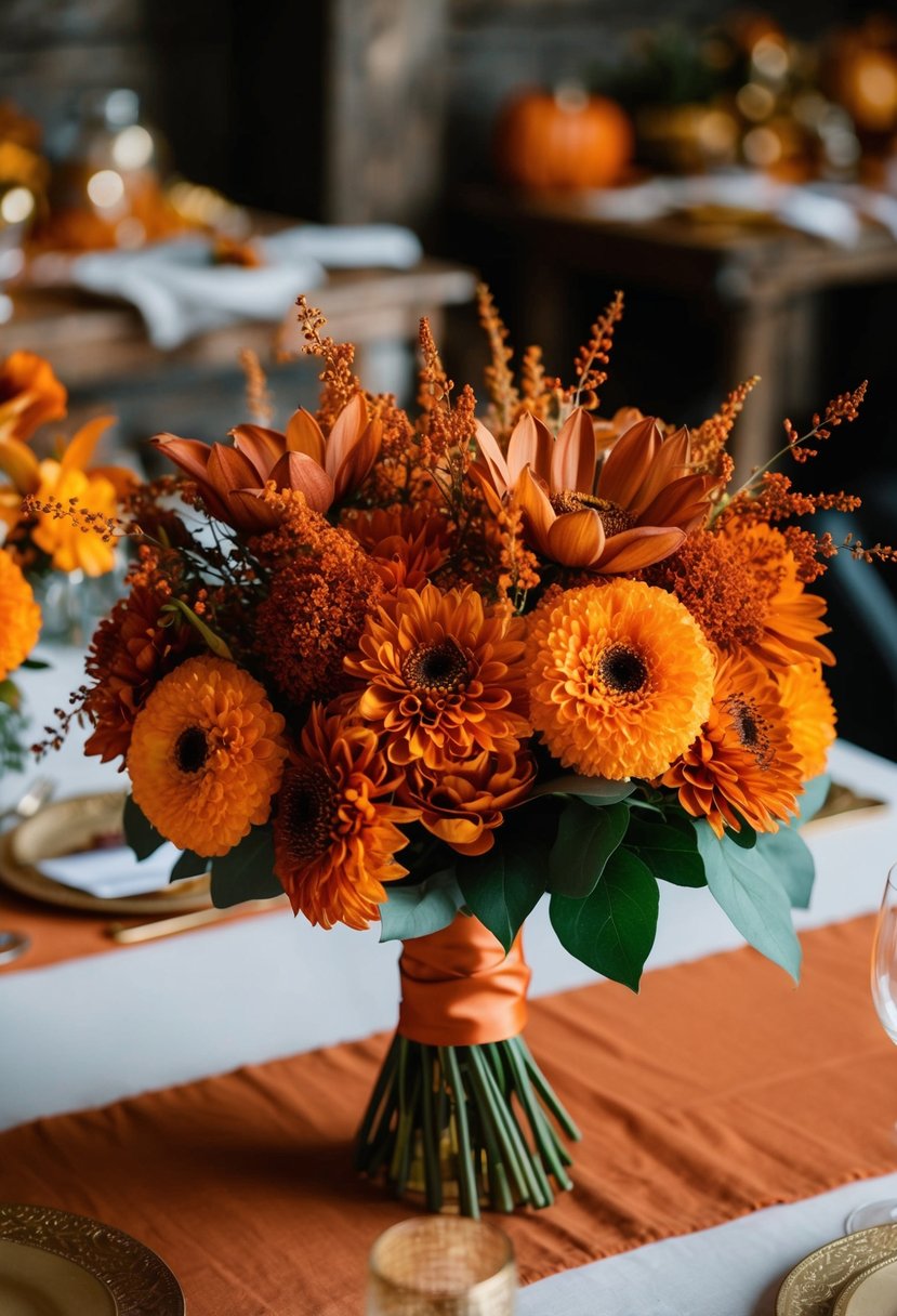 A bouquet of burnt orange silk flowers arranged in a rustic, autumn-themed wedding setting