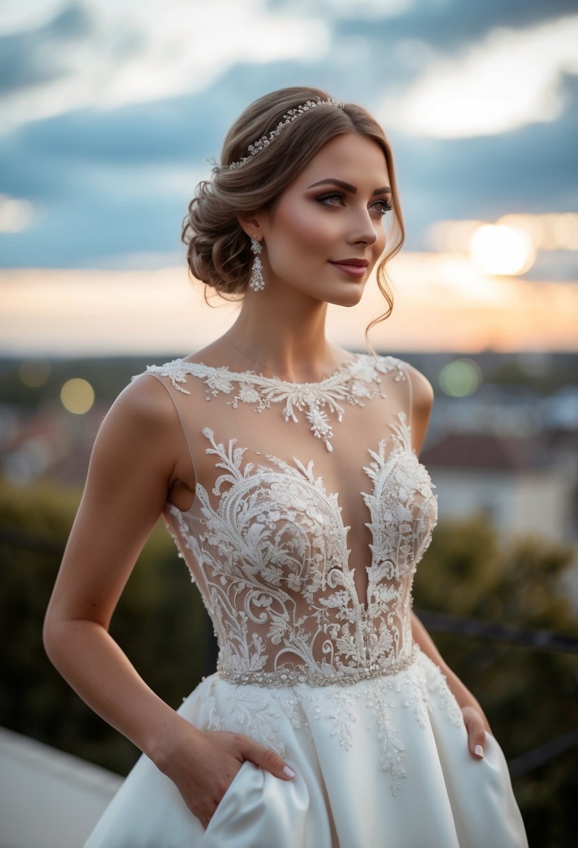 A bride stands in a delicate illusion neckline wedding dress, adorned with intricate lace and sparkling details