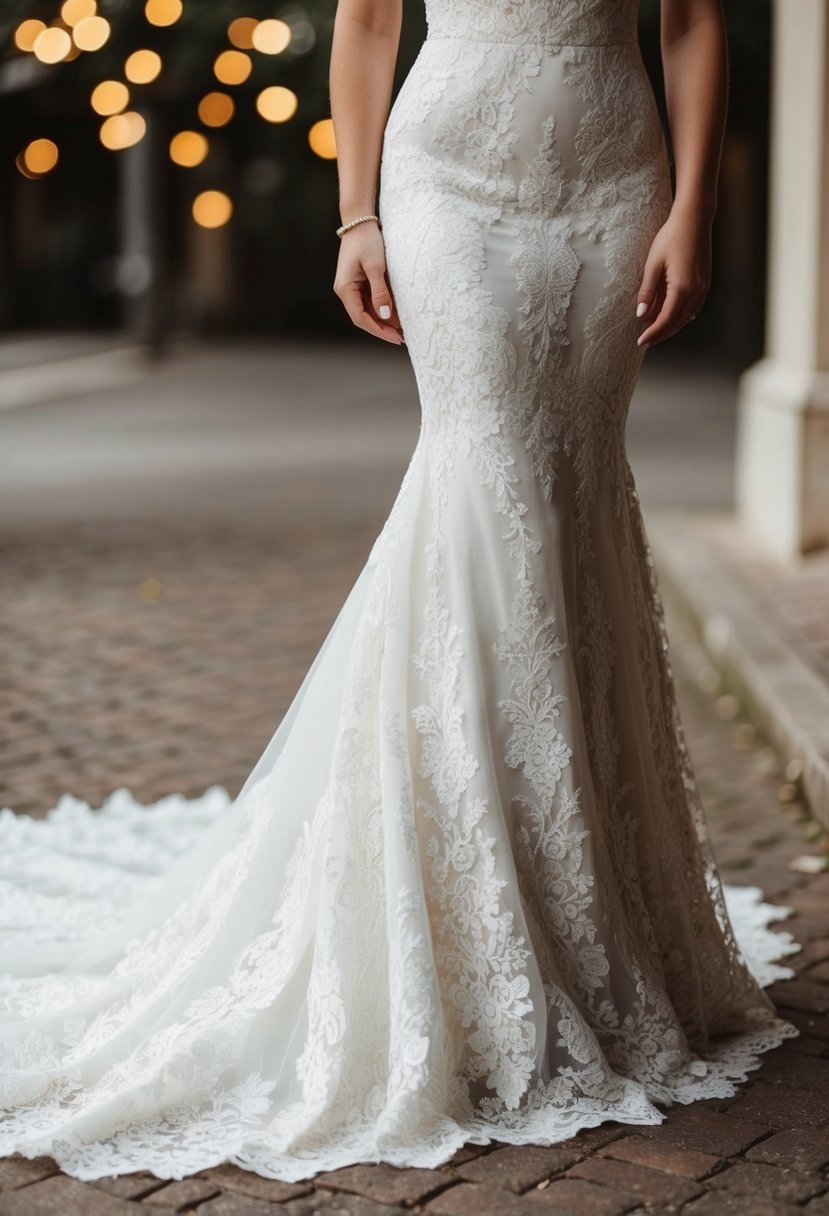 A lace mermaid wedding dress with vintage-inspired patterns cascading down the form-fitting silhouette