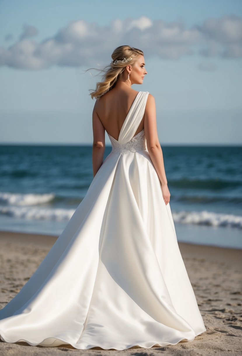 A bride stands on a beach, her asymmetrical neckline wedding dress billowing in the wind as she gazes out at the ocean