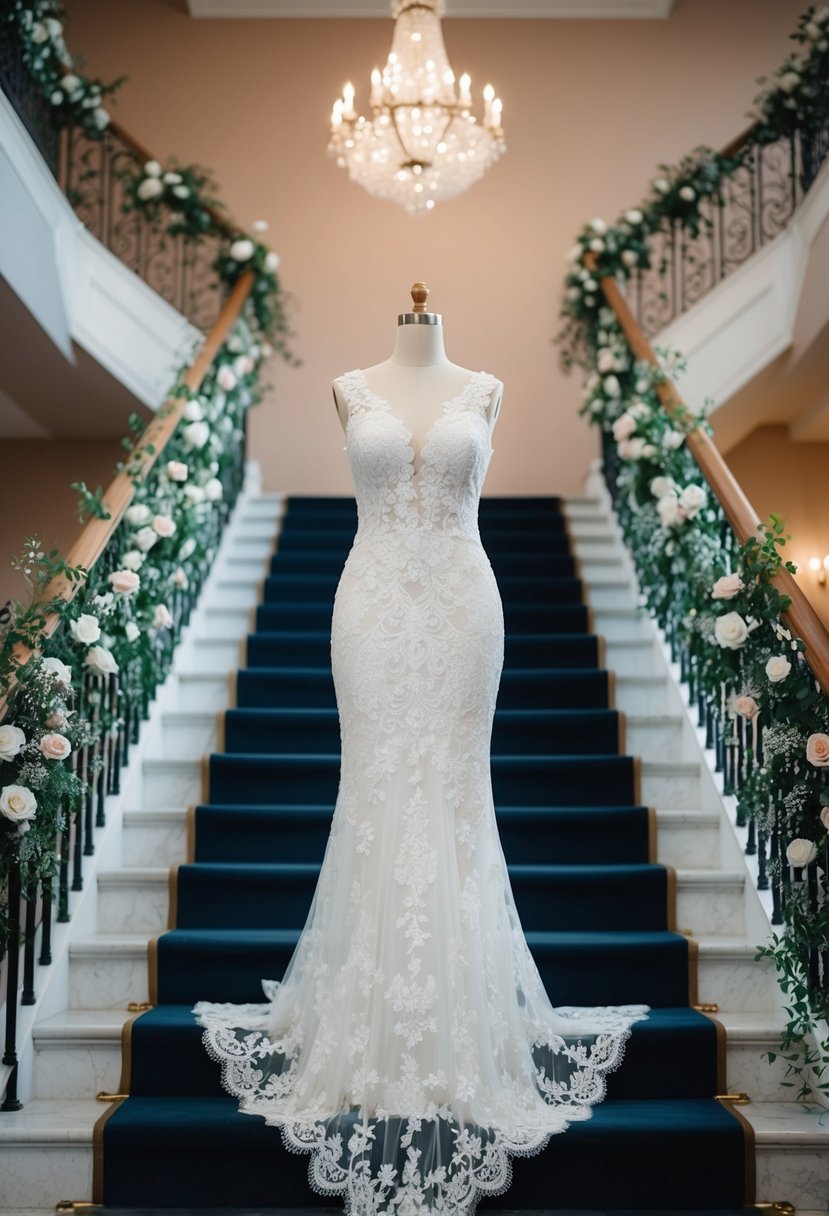 A lace mermaid wedding dress adorned with delicate floral embroidery cascades down a grand staircase