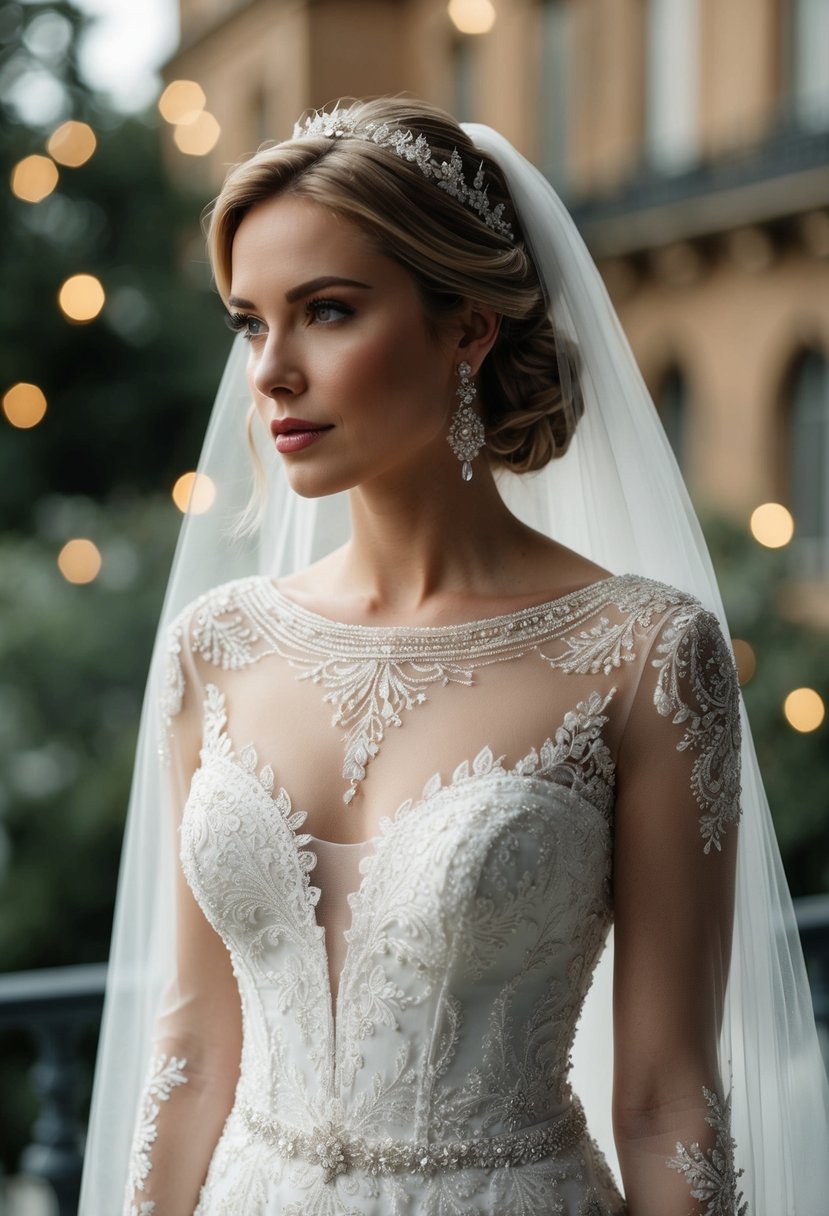 An elegant wedding dress with a portrait neckline, adorned with delicate lace and intricate beading