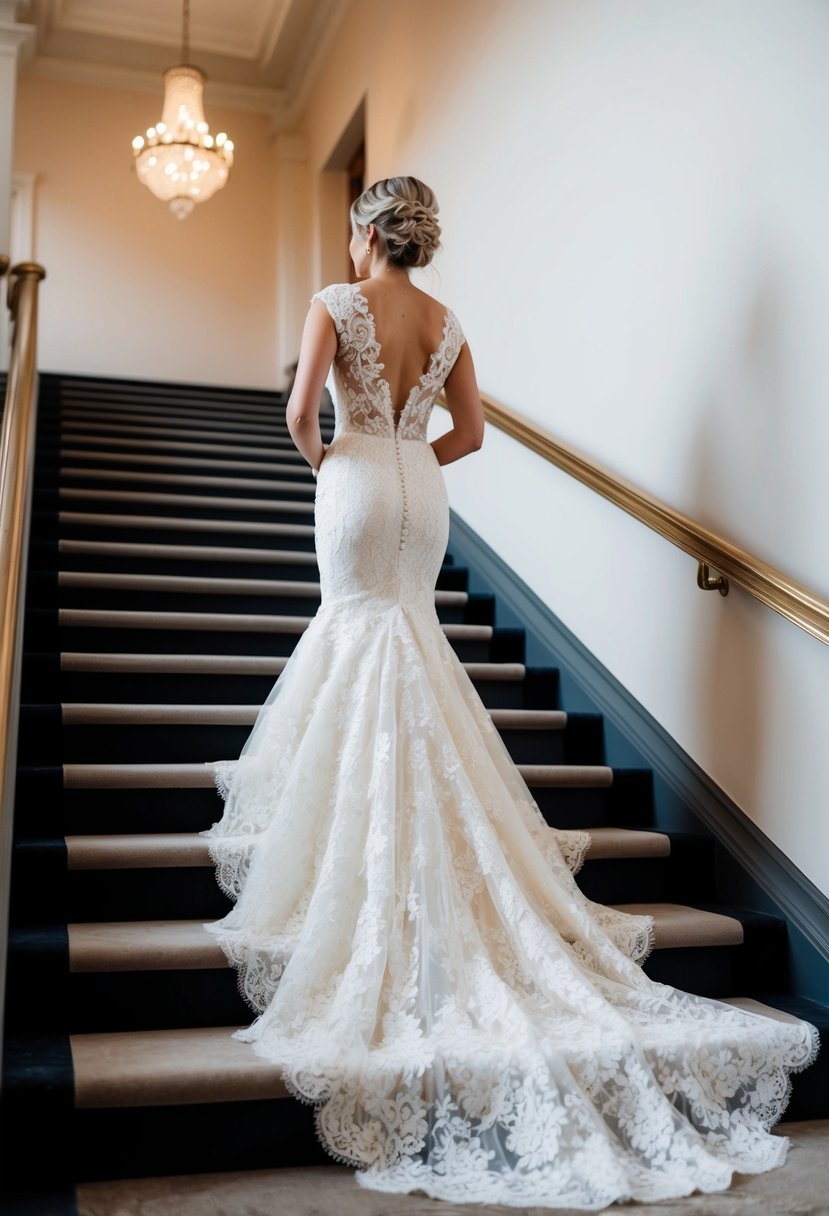 An ivory lace mermaid wedding dress cascading down a grand staircase