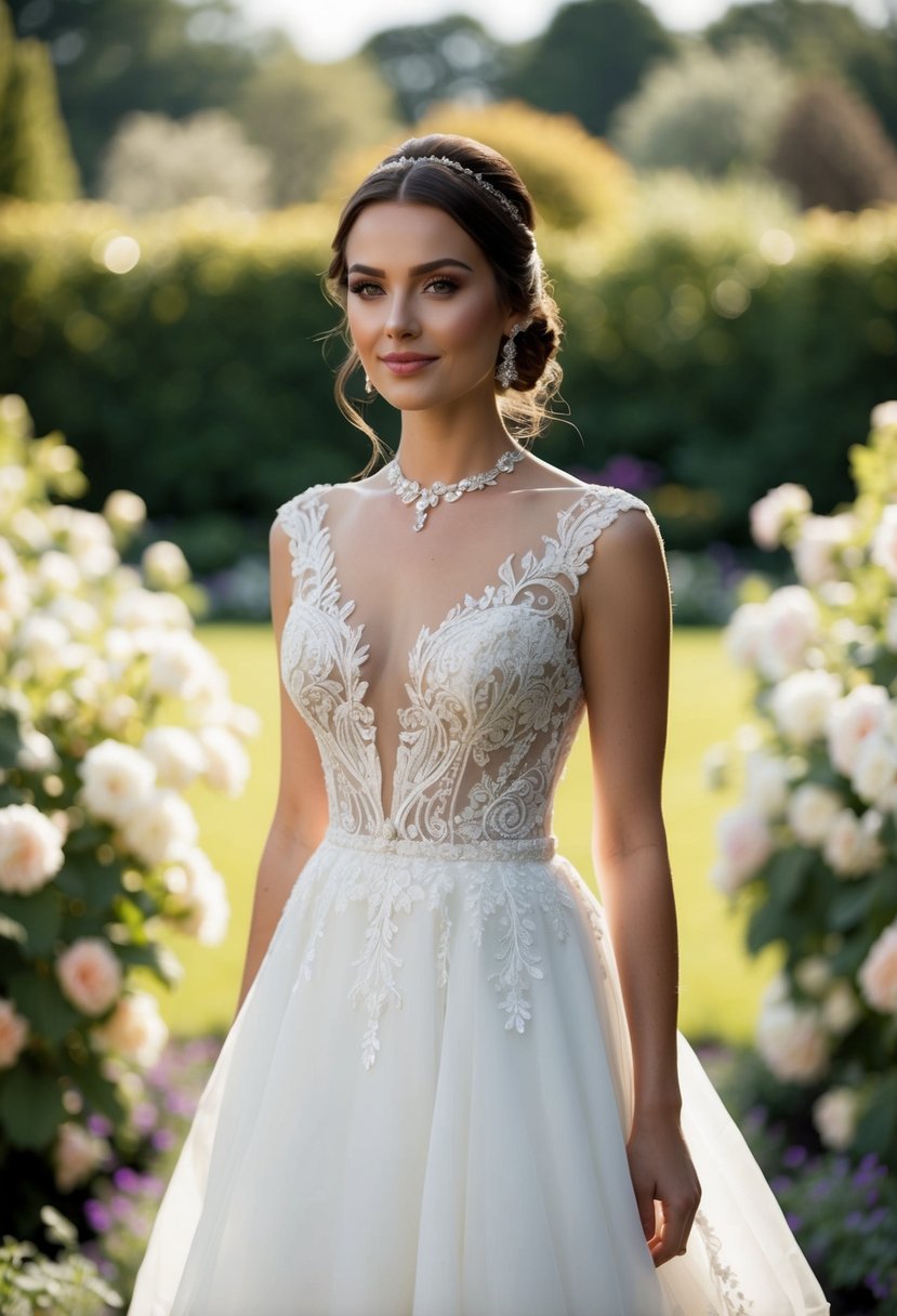 A bride in a jewel neckline wedding dress, standing in a garden with blooming flowers and a soft, romantic lighting